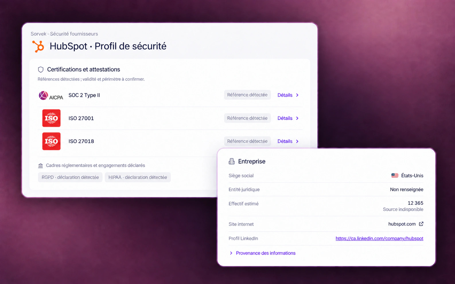 Exemple de profil fournisseur HubSpot : références de certifications détectées, déclarations et informations d’entreprise dont certaines sont estimées ou non renseignées.